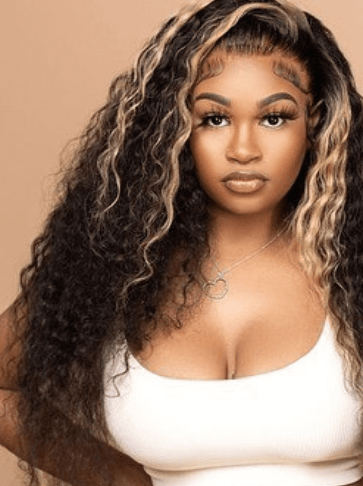 Dorsanee Black With Brown Highlight Streak Deep Wave Curly Remy Human Hair Wigs