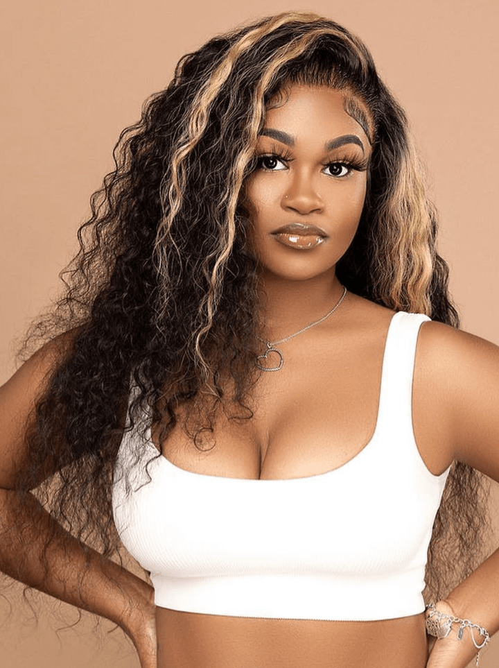 Dorsanee Black With Brown Highlight Streak Deep Wave Curly Remy Human Hair Wigs