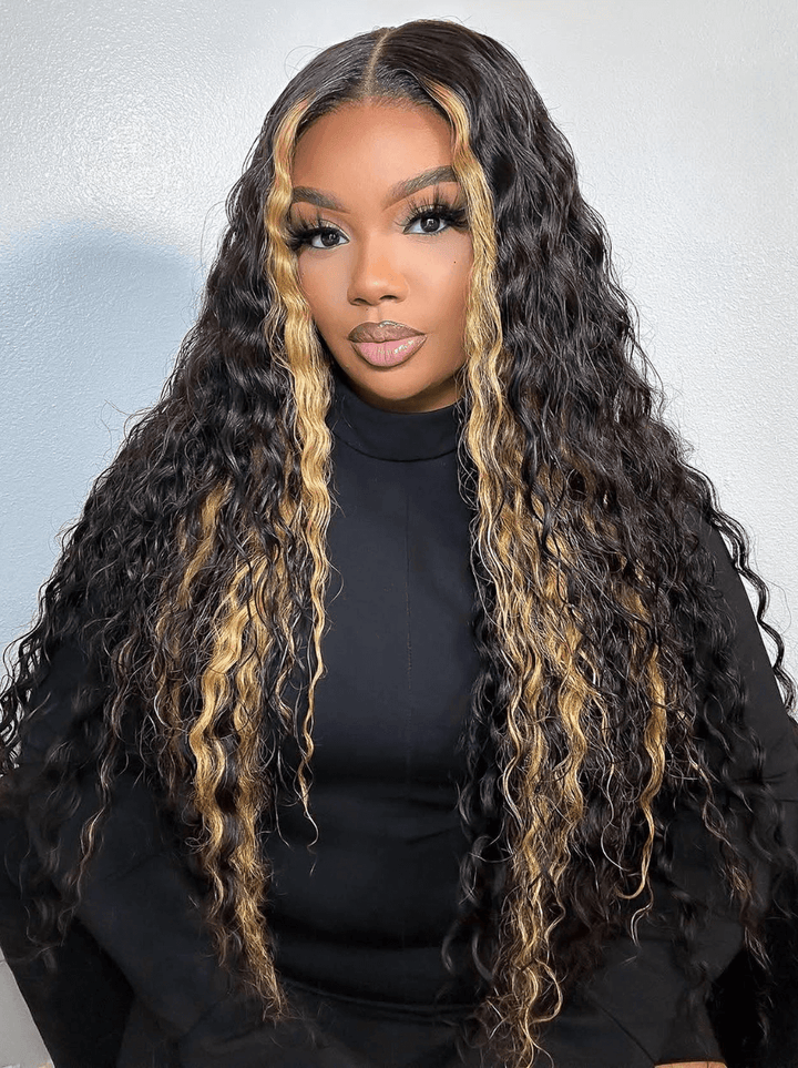 Dorsanee Black With Brown Highlights Deep Wave Curly Human Hair Lace Front Wigs