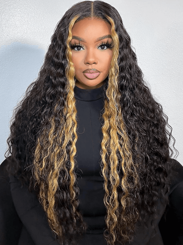 Dorsanee Black With Brown Highlights Deep Wave Curly Human Hair Lace Front Wigs