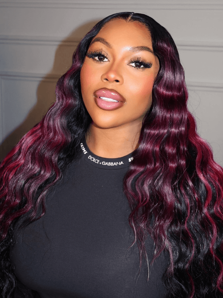 Dorsanee Black With Burgundy Red Highlight Streaks Virgin Remy Human Hair Wigs