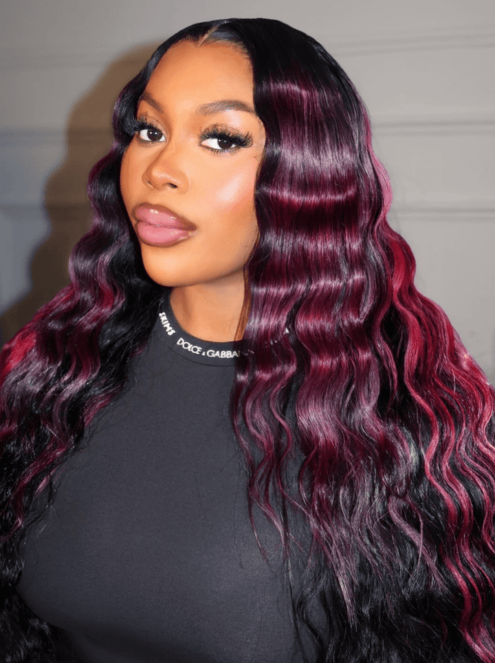 Dorsanee Black With Burgundy Red Highlight Streaks Virgin Remy Human Hair Wigs
