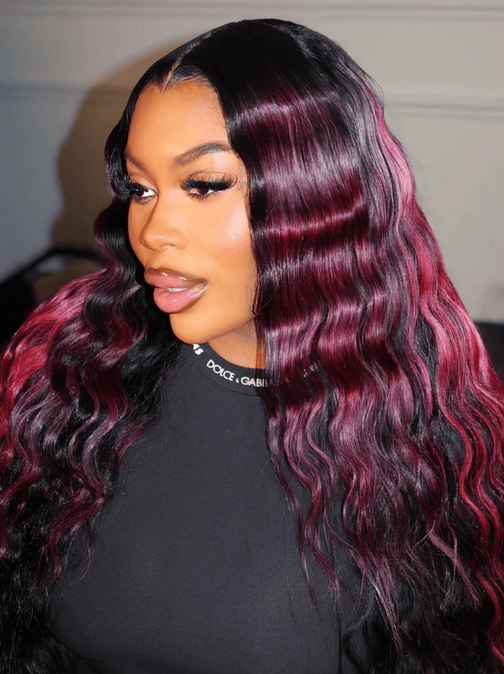 Dorsanee Black With Burgundy Red Highlight Streaks Virgin Remy Human Hair Wigs