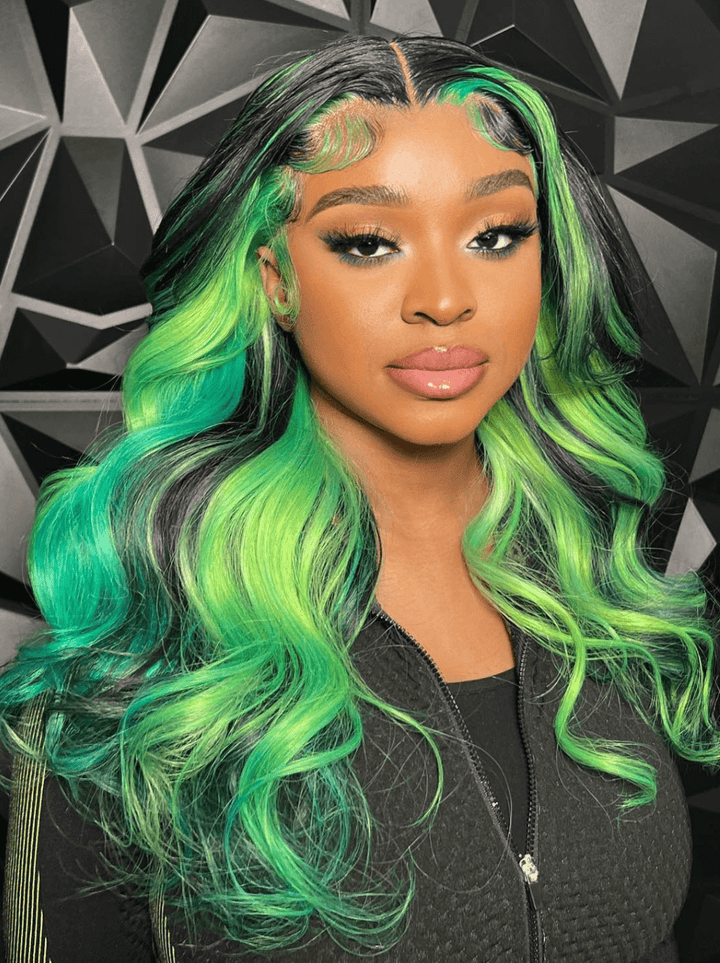 Dorsanee Black With Green Color Highlights Streaks 200 Density Human Hair Wigs