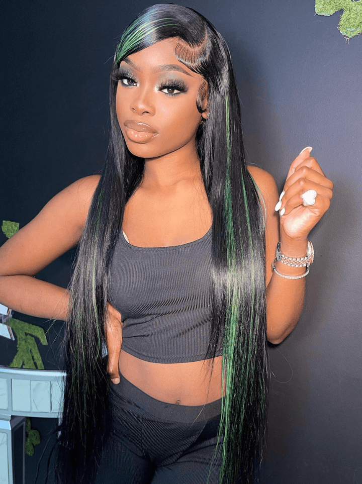 Dorsanee Black With Green Highlight Bone Straight HD Lace Front Human Hair Wig