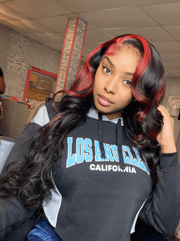 Dorsanee Black With Red Skunk Stripe Highlights 13x4 Lace Front Human Hair Wigs