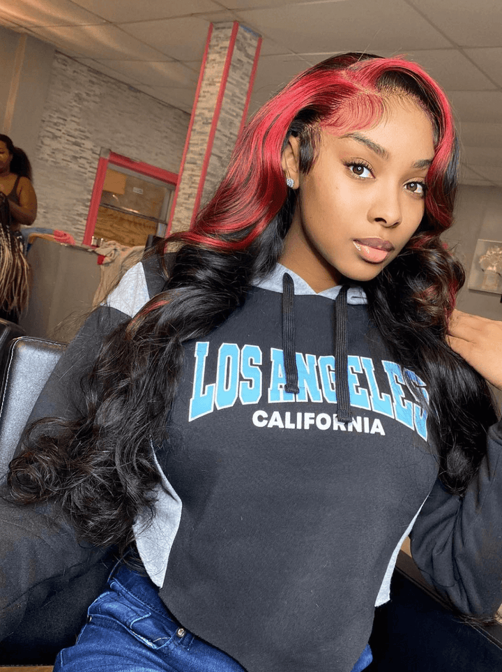 Dorsanee Black With Red Skunk Stripe Highlights 13x4 Lace Front Human Hair Wigs