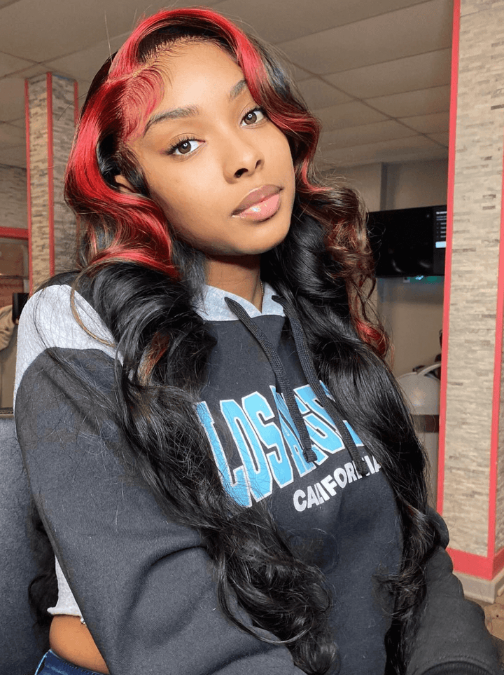 Dorsanee Black With Red Skunk Stripe Highlights 13x4 Lace Front Human Hair Wigs