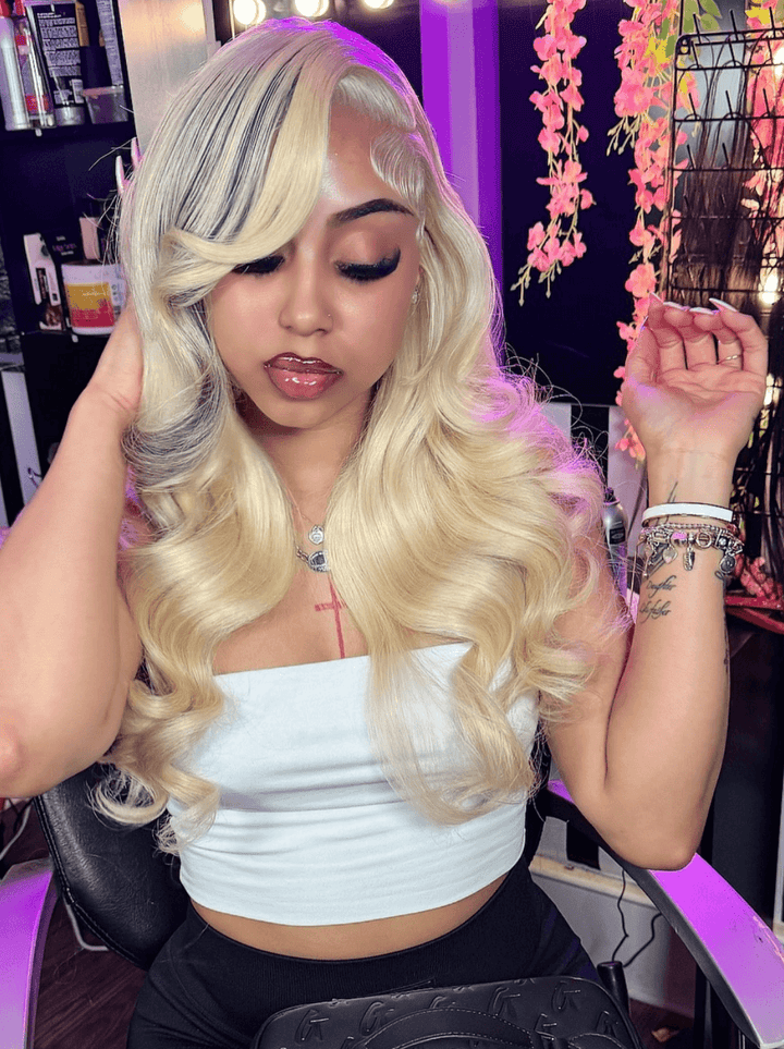 Dorsanee Blonde With Black Highlight Streaks 13x4 HD Lace Front Human Hair Wigs
