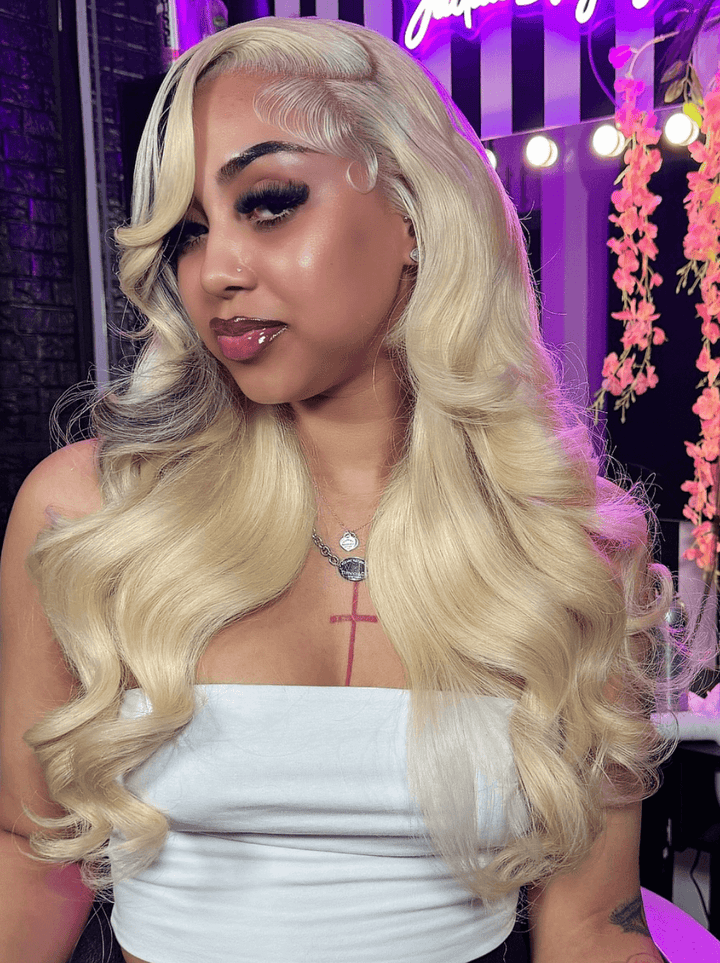 Dorsanee Blonde With Black Highlight Streaks 13x4 HD Lace Front Human Hair Wigs