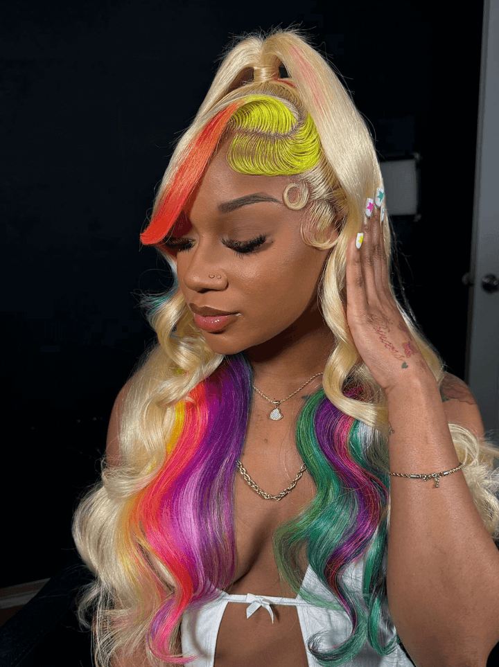 Dorsanee Blonde With Yellow Red Green Blue Purple Multi Color Human Hair Wigs
