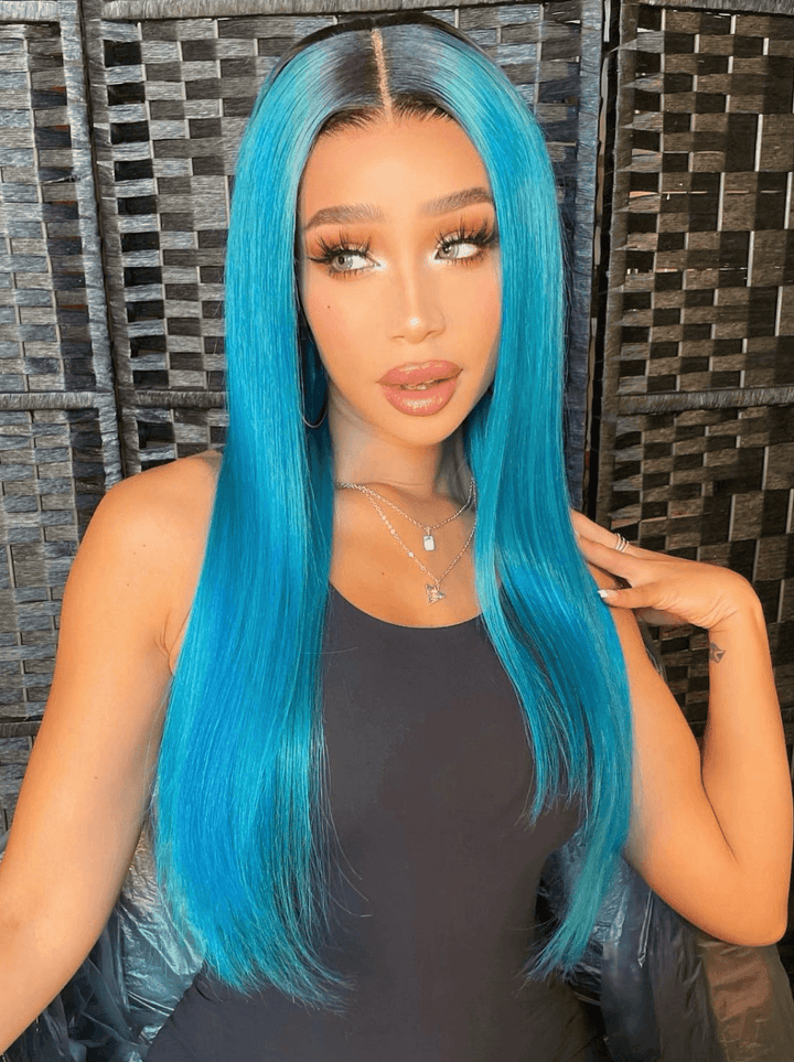 Dorsanee Blue Color Dark Roots Bne Straight 13x4 HD Lace Front Human Hair Wigs
