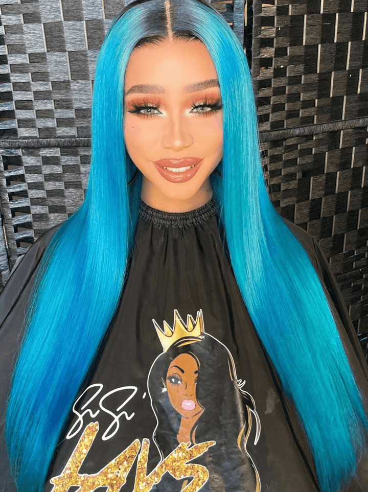 Dorsanee Blue Color Dark Roots Bne Straight 13x4 HD Lace Front Human Hair Wigs