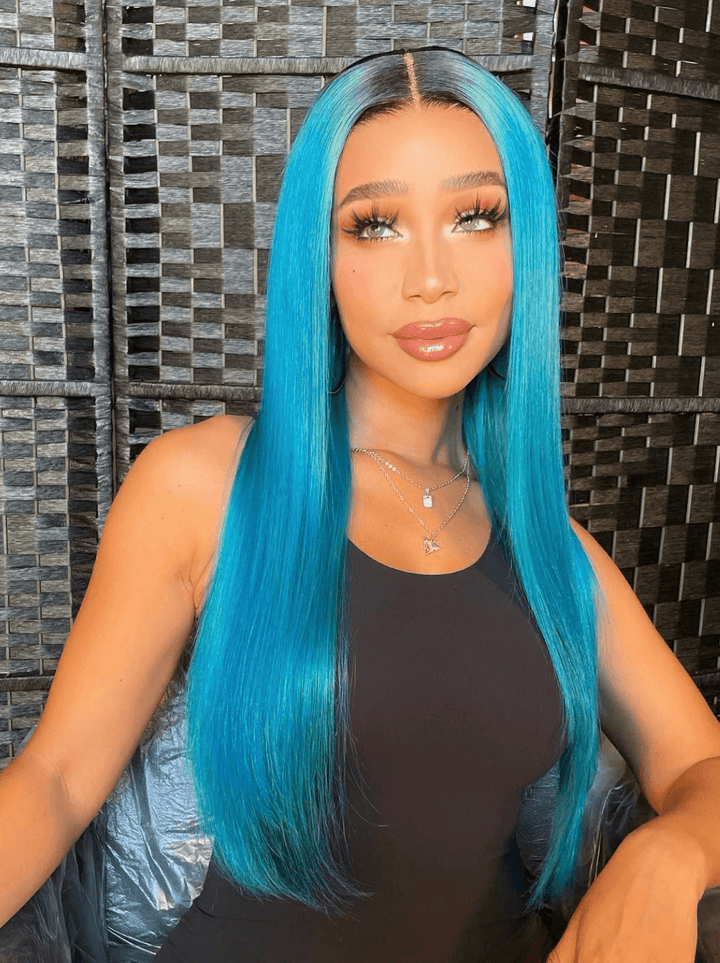 Dorsanee Blue Color Dark Roots Bne Straight 13x4 HD Lace Front Human Hair Wigs