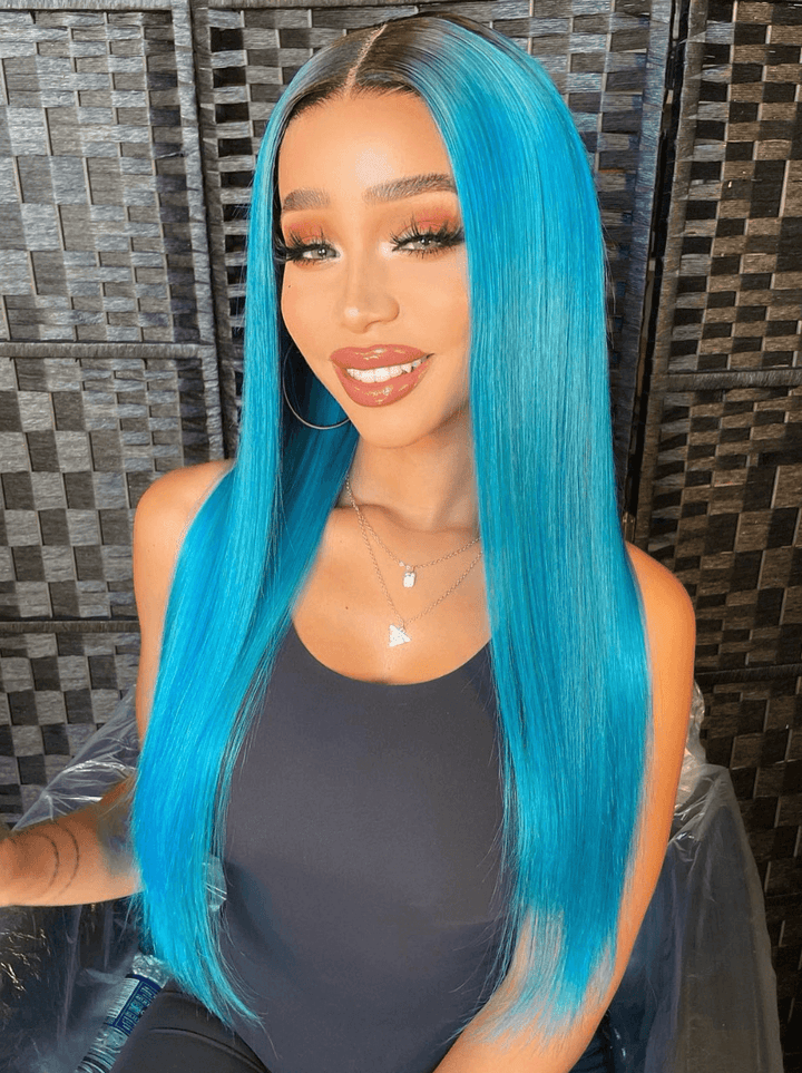 Dorsanee Blue Color Dark Roots Bne Straight 13x4 HD Lace Front Human Hair Wigs
