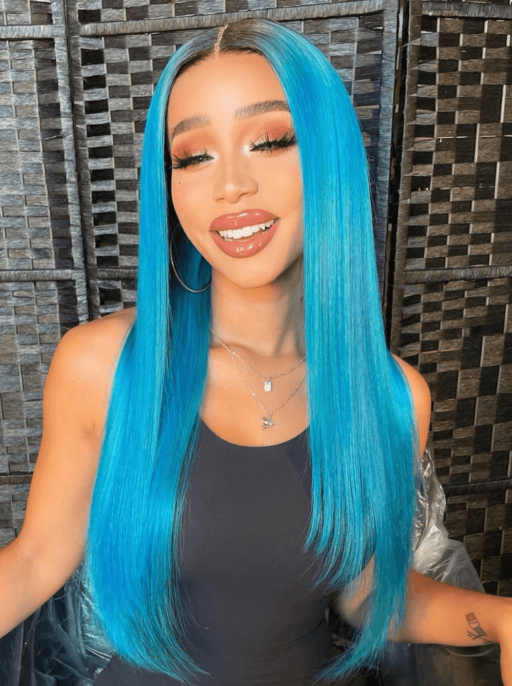 Dorsanee Blue Color Dark Roots Bne Straight 13x4 HD Lace Front Human Hair Wigs