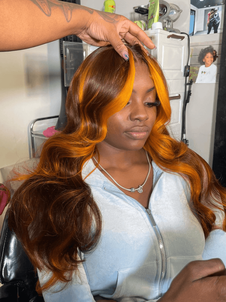 Dorsanee Chocolate Brown Ginger Oranger Skunk Stripe Lace Front Human Hair Wigs