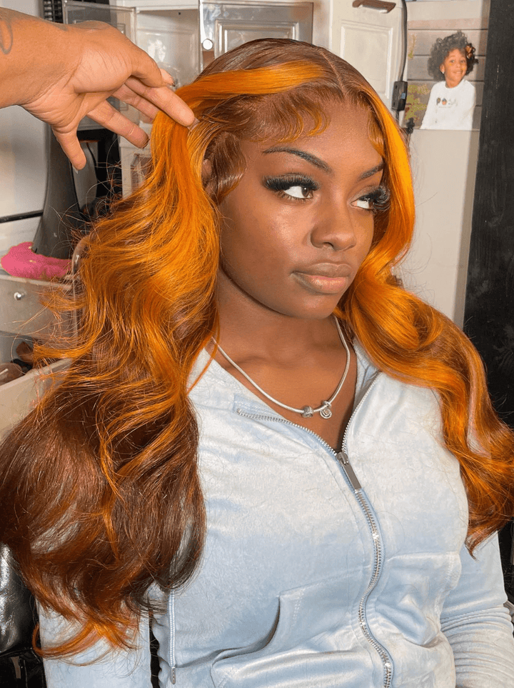 Dorsanee Chocolate Brown Ginger Oranger Skunk Stripe Lace Front Human Hair Wigs