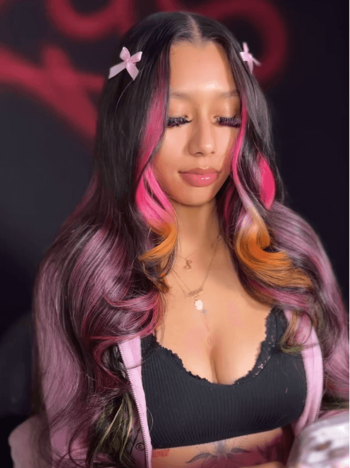 Dorsanee Ombre Black Pink Ginger Green Highlights HD Lace Front Human Hair Wigs