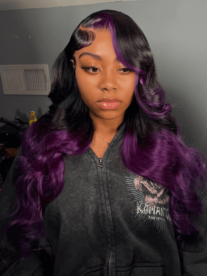 Dorsanee Ombre Black Purple Skunk Stripe 200 Density Lace Front Human Hair Wigs