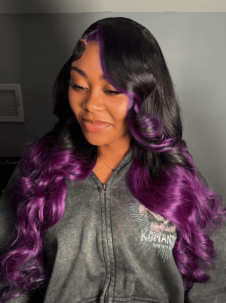 Dorsanee Ombre Black Purple Skunk Stripe 200 Density Lace Front Human Hair Wigs