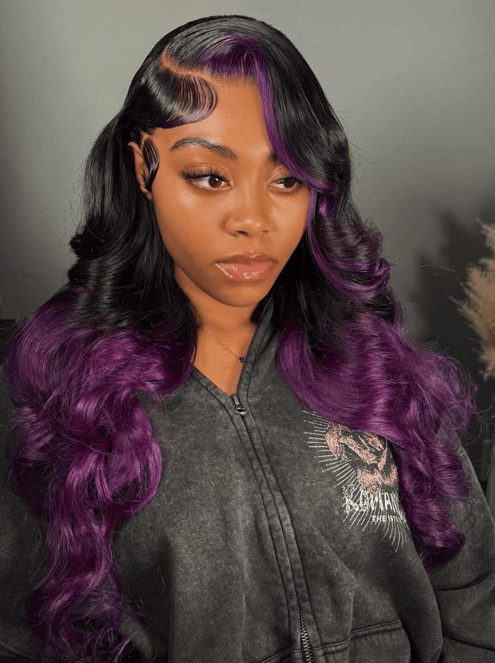 Dorsanee Ombre Black Purple Skunk Stripe 200 Density Lace Front Human Hair Wigs