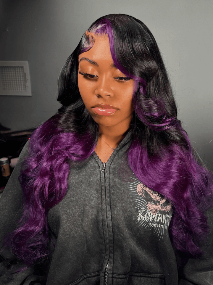 Dorsanee Ombre Black Purple Skunk Stripe 200 Density Lace Front Human Hair Wigs