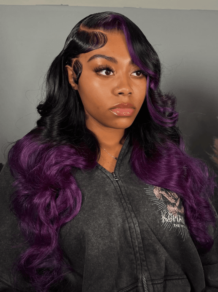 Dorsanee Ombre Black Purple Skunk Stripe 200 Density Lace Front Human Hair Wigs