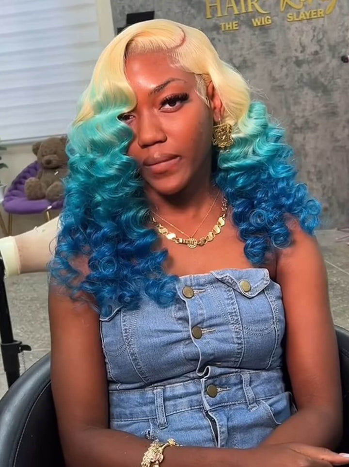 Dorsanee Ombre Blonde Blue Wand Curl Loose Body Wave Lace Front Human Hair Wigs