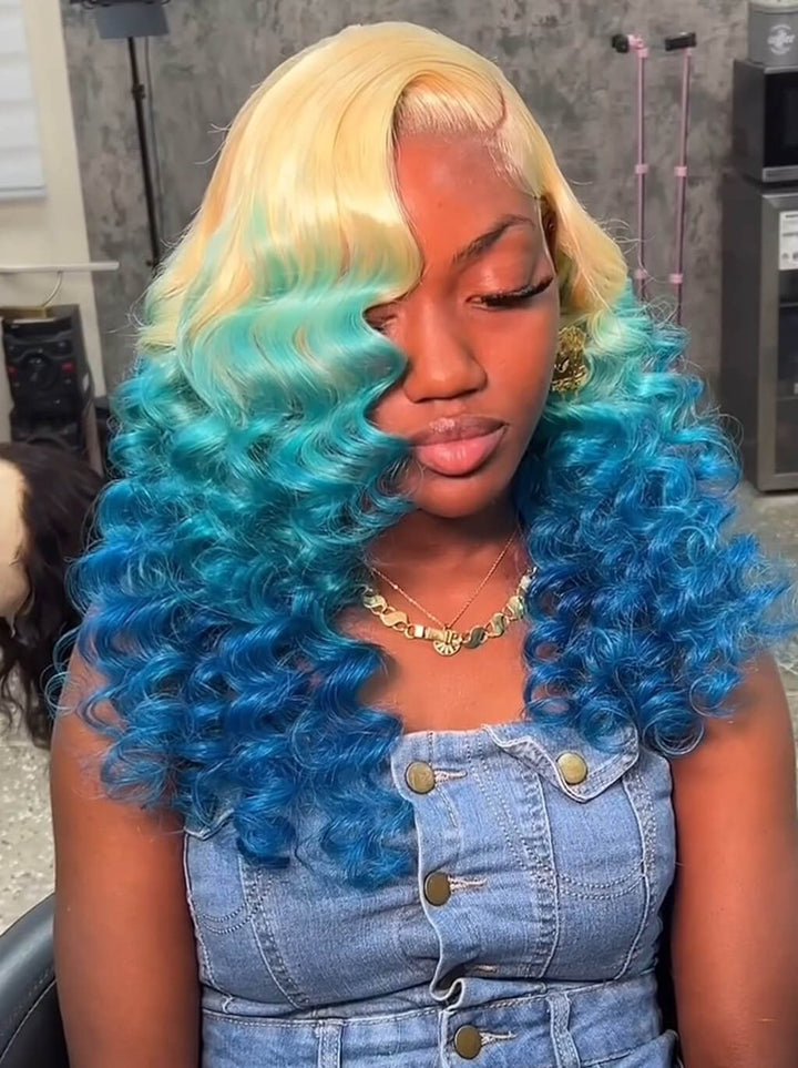 Dorsanee Ombre Blonde Blue Wand Curl Loose Body Wave Lace Front Human Hair Wigs
