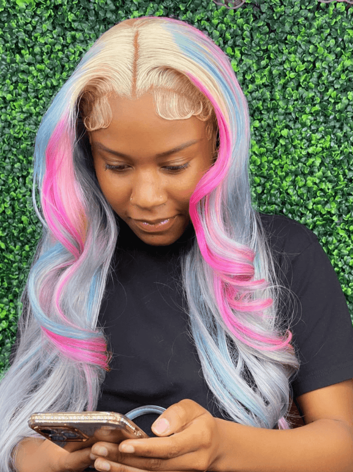 Dorsanee Ombre Blonde Gray With Red Blue Pink Color Lace Front Human Hair Wigs