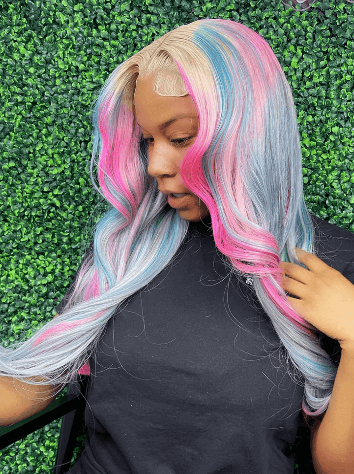 Dorsanee Ombre Blonde Gray With Red Blue Pink Color Lace Front Human Hair Wigs