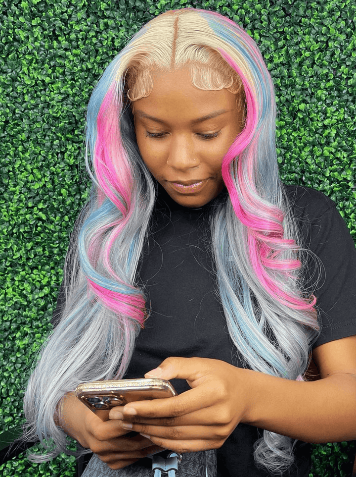 Dorsanee Ombre Blonde Gray With Red Blue Pink Color Lace Front Human Hair Wigs