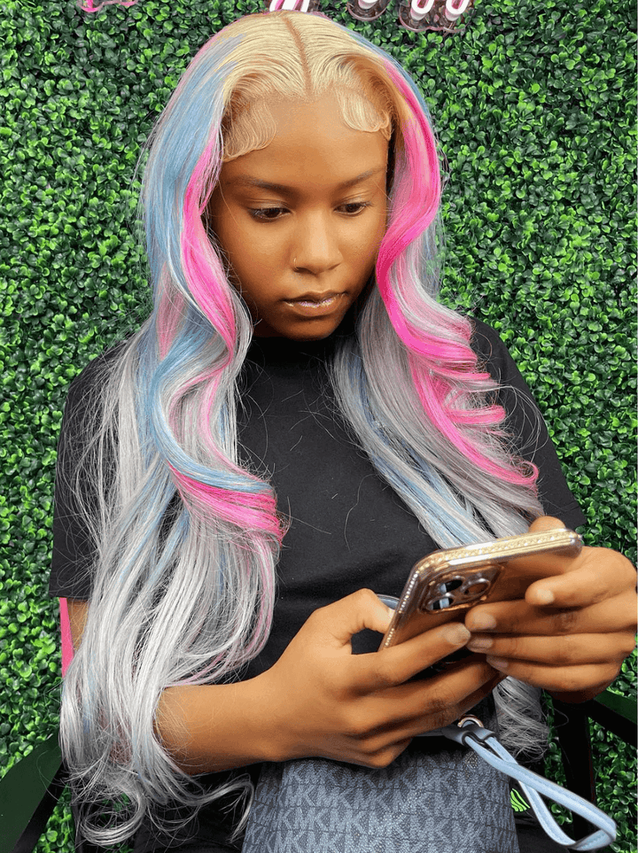 Dorsanee Ombre Blonde Gray With Red Blue Pink Color Lace Front Human Hair Wigs