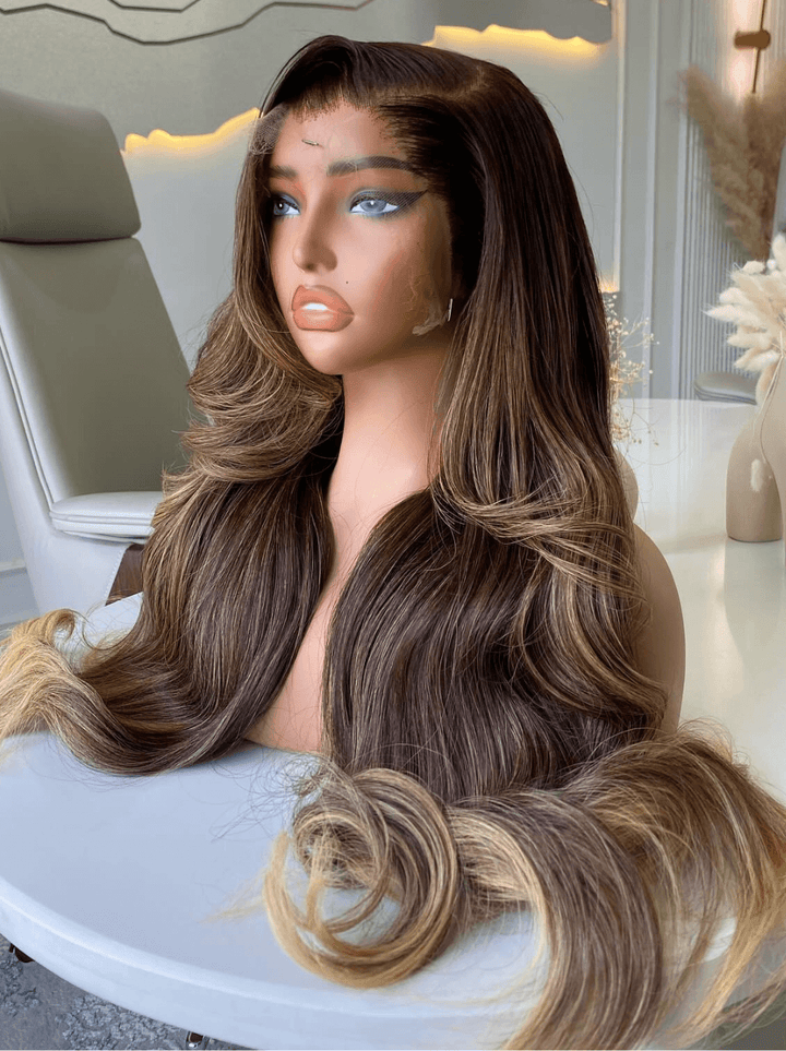 Dorsanee Ombre Chocolate Light Brown Honey Blonde Highlights Human Hair Wigs