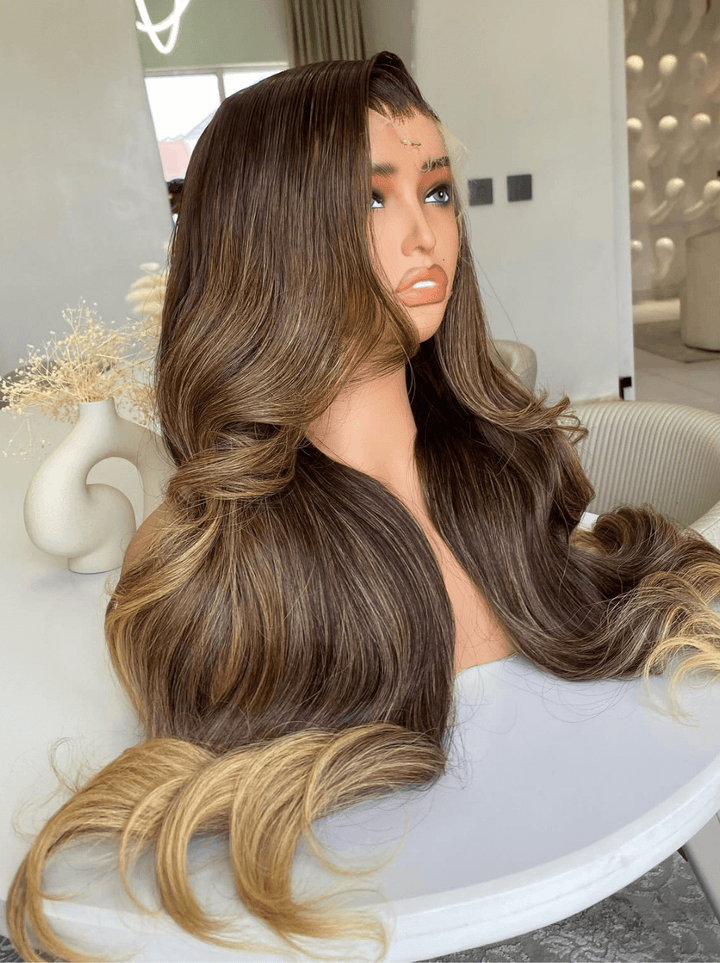 Dorsanee Ombre Chocolate Light Brown Honey Blonde Highlights Human Hair Wigs