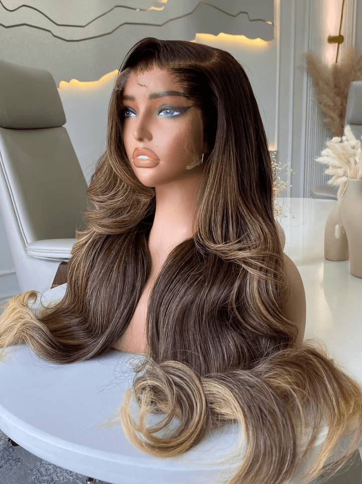 Dorsanee Ombre Chocolate Light Brown Honey Blonde Highlights Human Hair Wigs