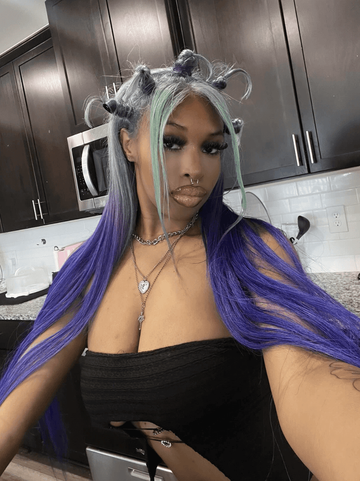 Dorsanee Ombre Gray Blue Green Skunk Stripe 13x4 HD Lace Front Human Hair Wigs