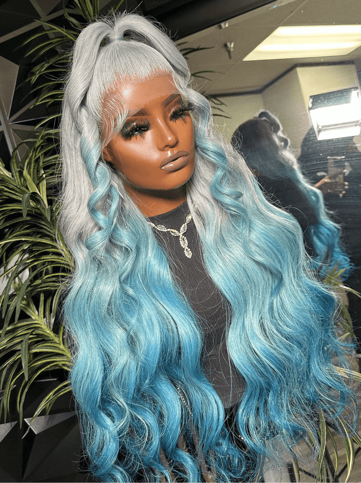Dorsanee Ombre Gray Blue Straight Body Wave Virgin Remy Human Hair Wig