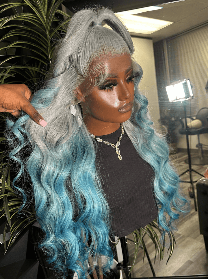 Dorsanee Ombre Gray Blue Straight Body Wave Virgin Remy Human Hair Wig