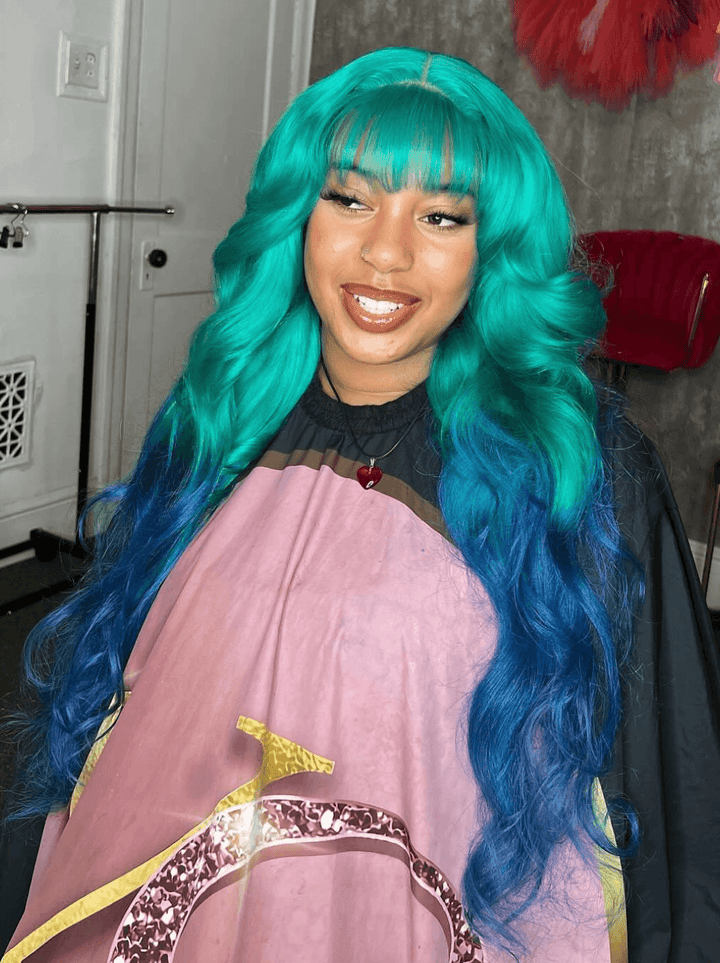 Dorsanee Ombre Green Blue 13x4 Lace Front Body Wave Human Hair Wigs With Bangs