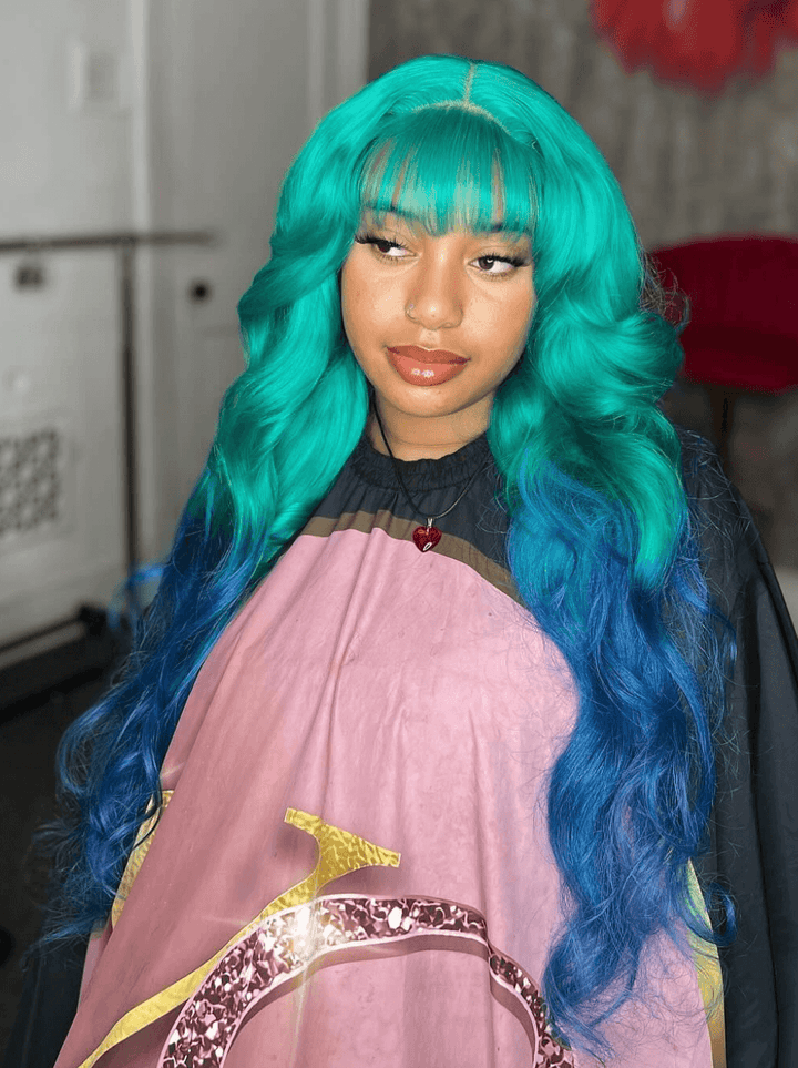 Dorsanee Ombre Green Blue 13x4 Lace Front Body Wave Human Hair Wigs With Bangs