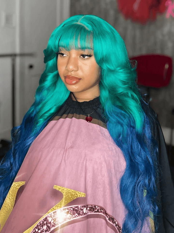 Dorsanee Ombre Green Blue 13x4 Lace Front Body Wave Human Hair Wigs With Bangs