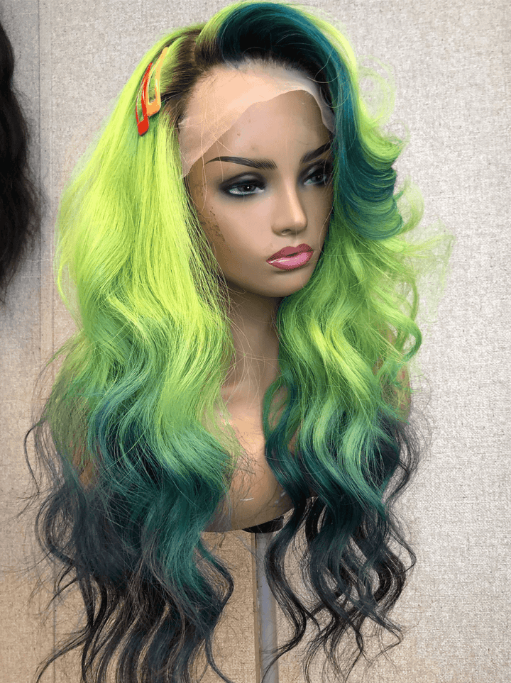 Dorsanee Ombre Green Blue Skunk Stripe HD Lace Front Virgin Remy Human Hair Wig