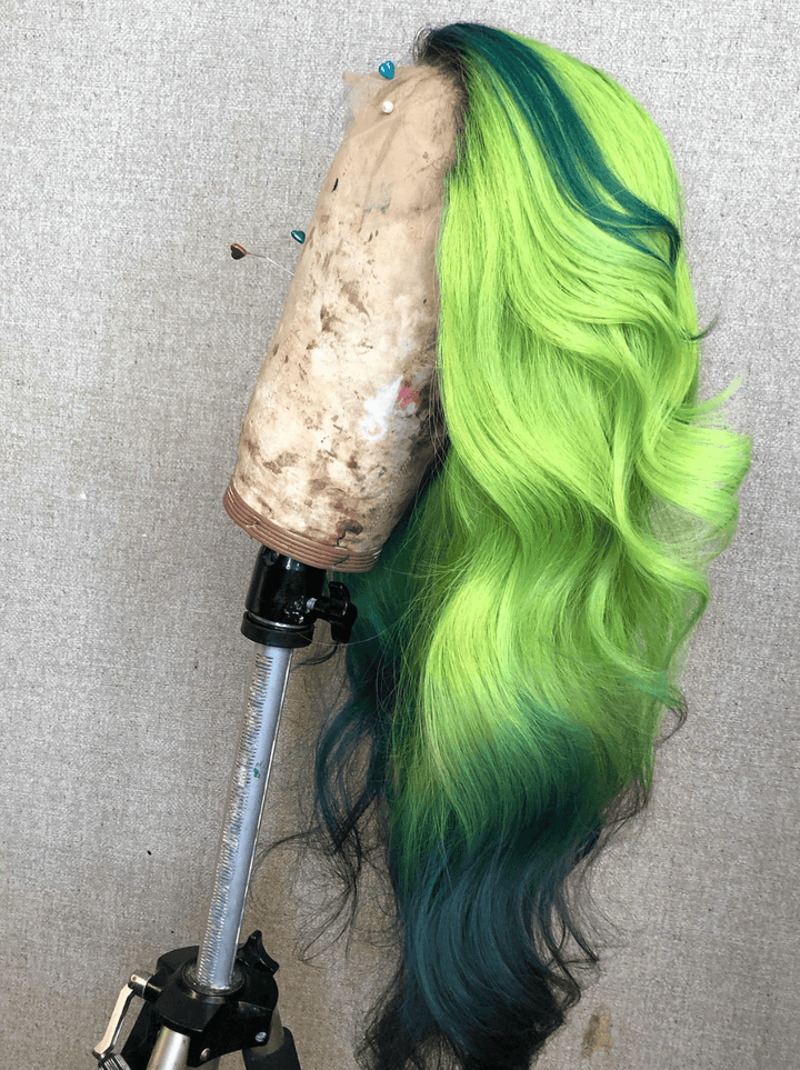 Dorsanee Ombre Green Blue Skunk Stripe HD Lace Front Virgin Remy Human Hair Wig