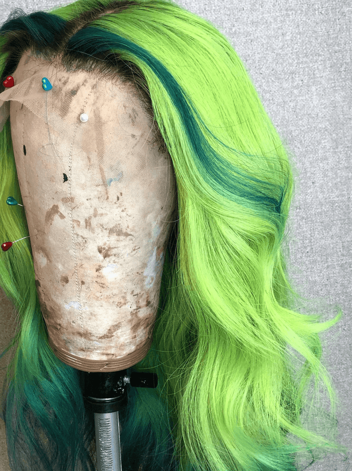Dorsanee Ombre Green Blue Skunk Stripe HD Lace Front Virgin Remy Human Hair Wig