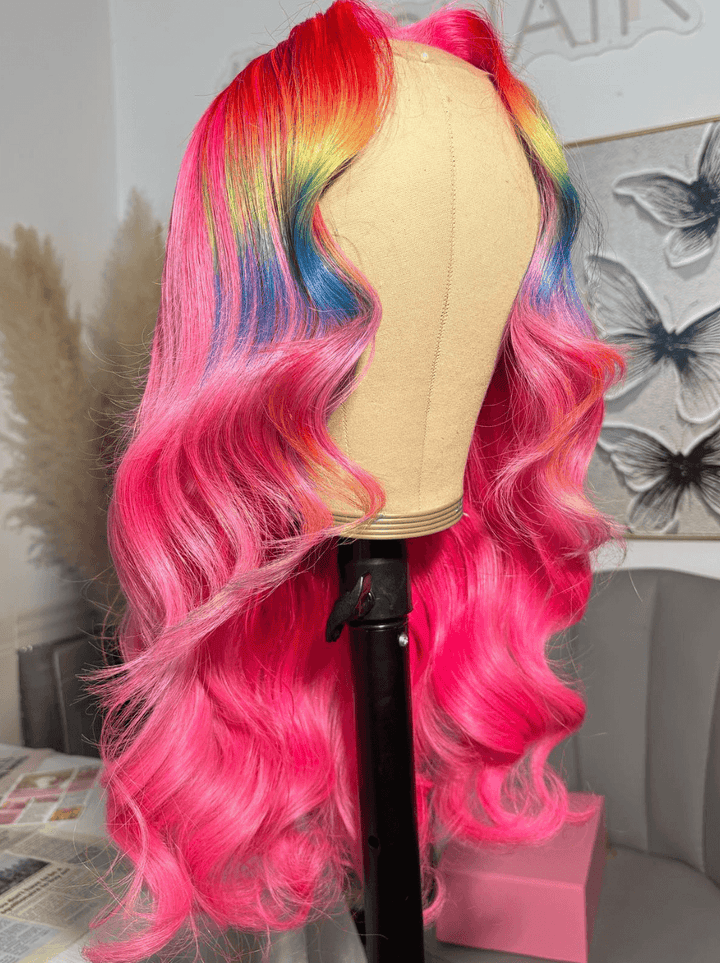 Dorsanee Ombre Pink Red Blue Yellow Multi Color 13x4 Lace Front Human Hair Wigs
