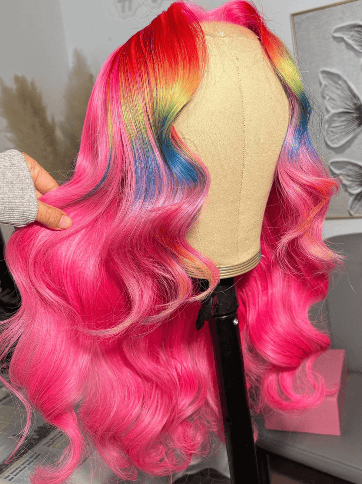 Dorsanee Ombre Pink Red Blue Yellow Multi Color 13x4 Lace Front Human Hair Wigs