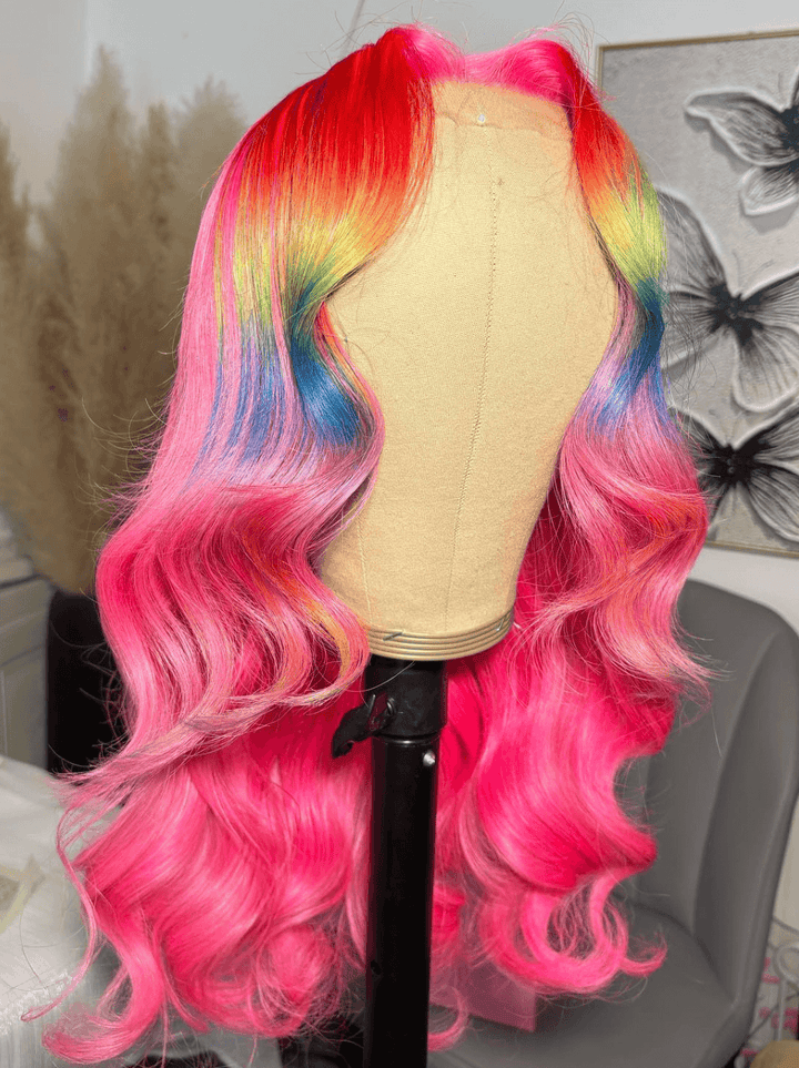 Dorsanee Ombre Pink Red Blue Yellow Multi Color 13x4 Lace Front Human Hair Wigs