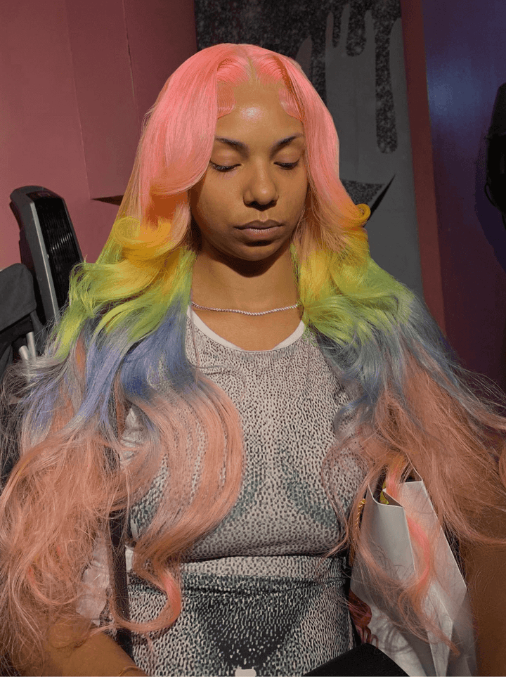 Dorsanee Ombre Pink Yellow Green Blue Color 13x4 HD Lace Front Human Hair Wigs